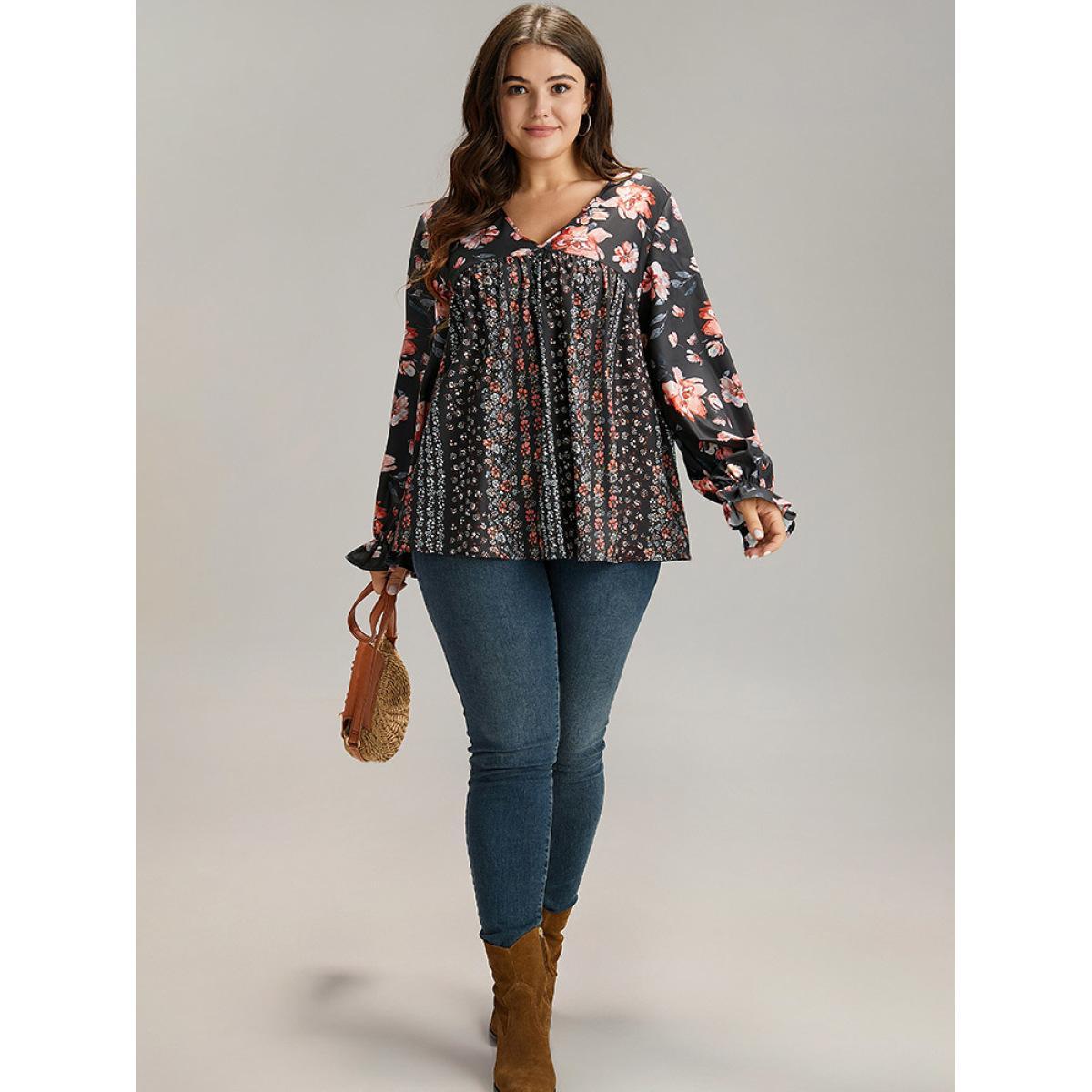 Plus Size BlackFlower Floral Print Flutter Sleeve Patchwork Blouse Women Elegant Long Sleeve V-neck Dailywear Blouses BloomChic 18-20/2X Product Image