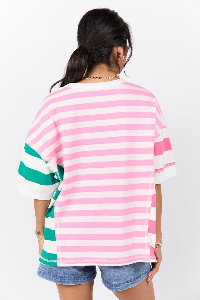 Destined For More Pink and Green Multi Color Block Striped Knit Tee SALE Product Image