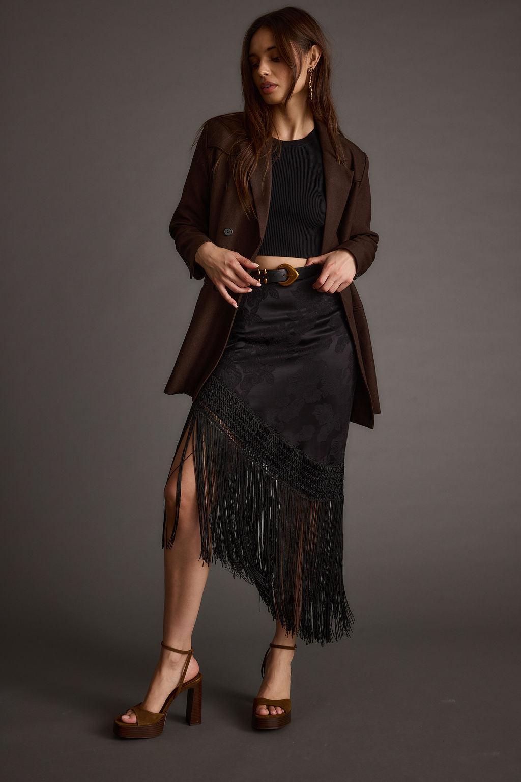 Frankie Black Satin Jacquard Fringe Midi Skirt Product Image