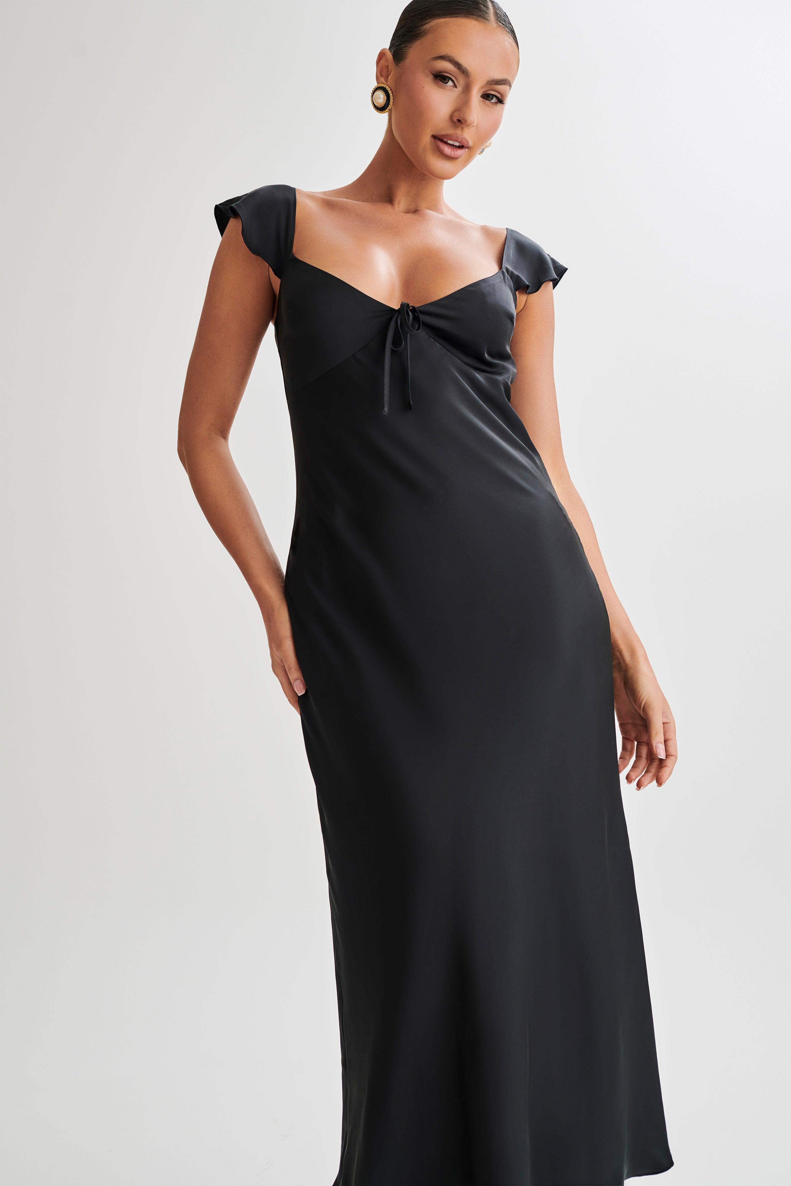 Chantal Short Sleeve Satin Midi Dress - Black Product Image