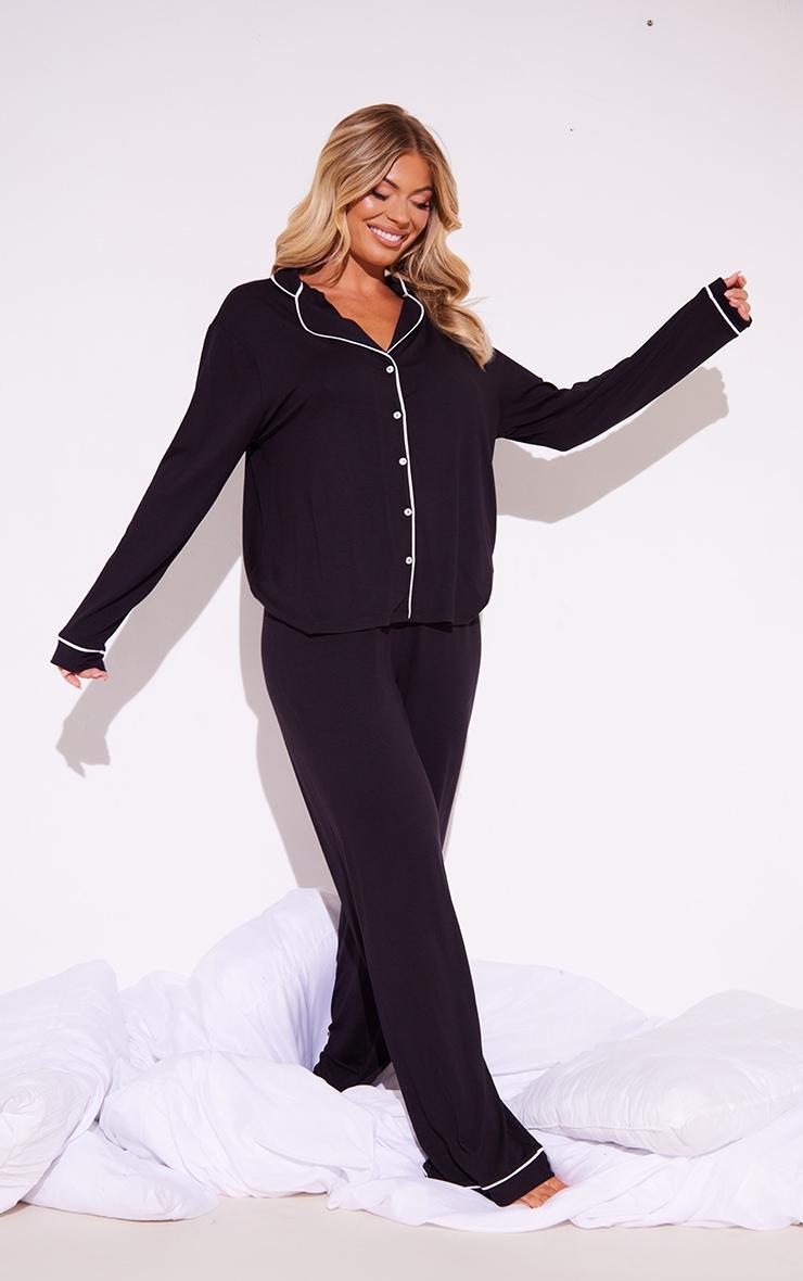 Black Oversized Jersey Piping Detail Long PJ Set Product Image