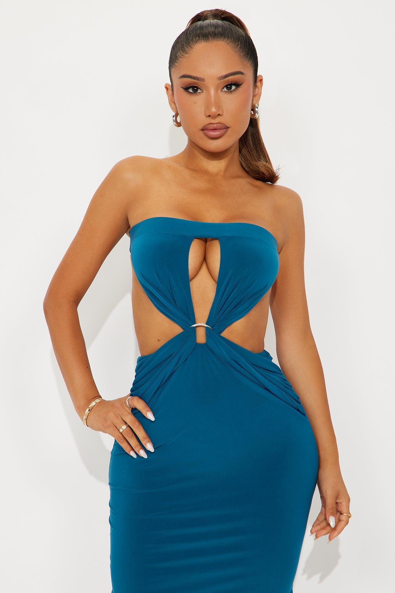 Aviana Strapless Cut Out Midi Dress - Teal Female Product Image