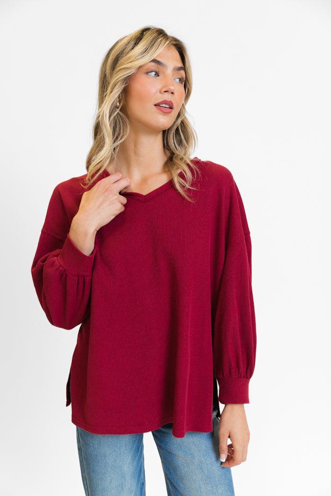 Sending Love Burgundy Oversized Waffle V-Neck Top FINAL SALE Product Image