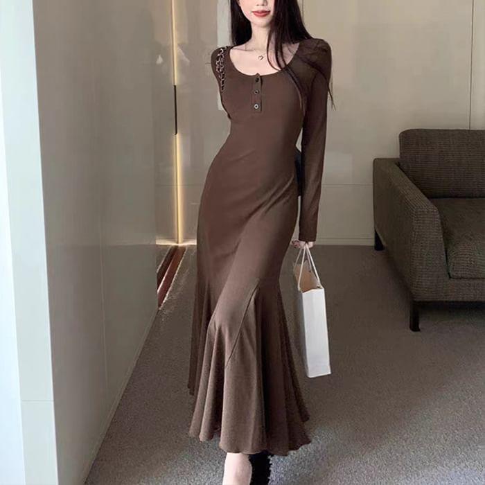 Long-Sleeve Henley Plain Midi  Mermaid Dress Product Image