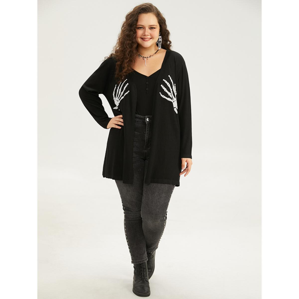 Plus Size Supersoft Essentials Halloween Skull Print Open Front Cardigan Black Women Casual Long Sleeve Festival-Halloween Cardigans BloomChic 14-16/1X Product Image