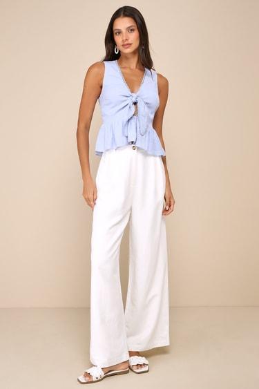 Admirable Cutie Light Blue Tie-Front Ruffled Sleeveless Top Product Image