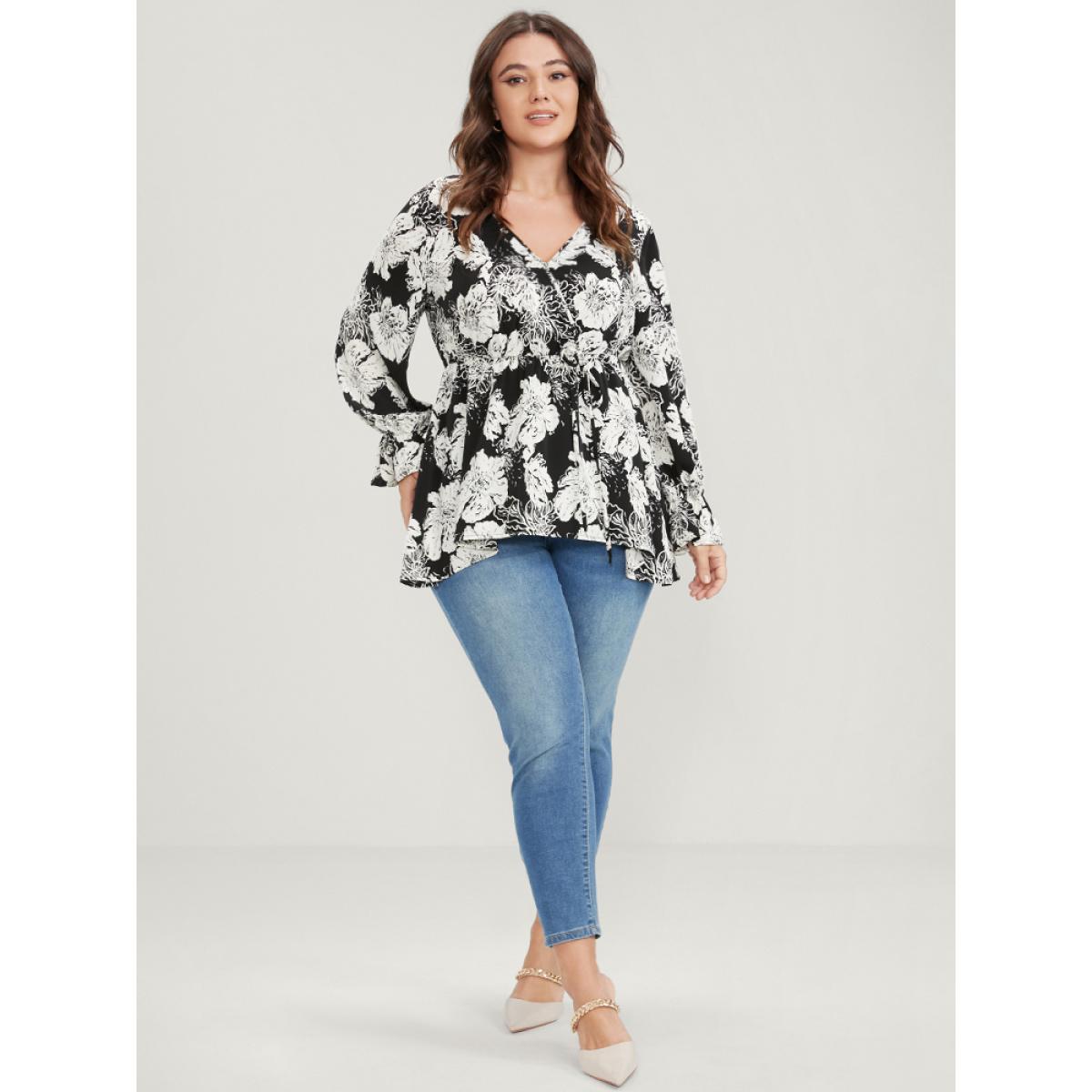 Plus Size Black Floral Lantern Sleeve Tie Up Asymmetrical Hem Wrap Blouse Women Elegant Long Sleeve V-neck Dailywear Blouses BloomChic 30/6X Product Image
