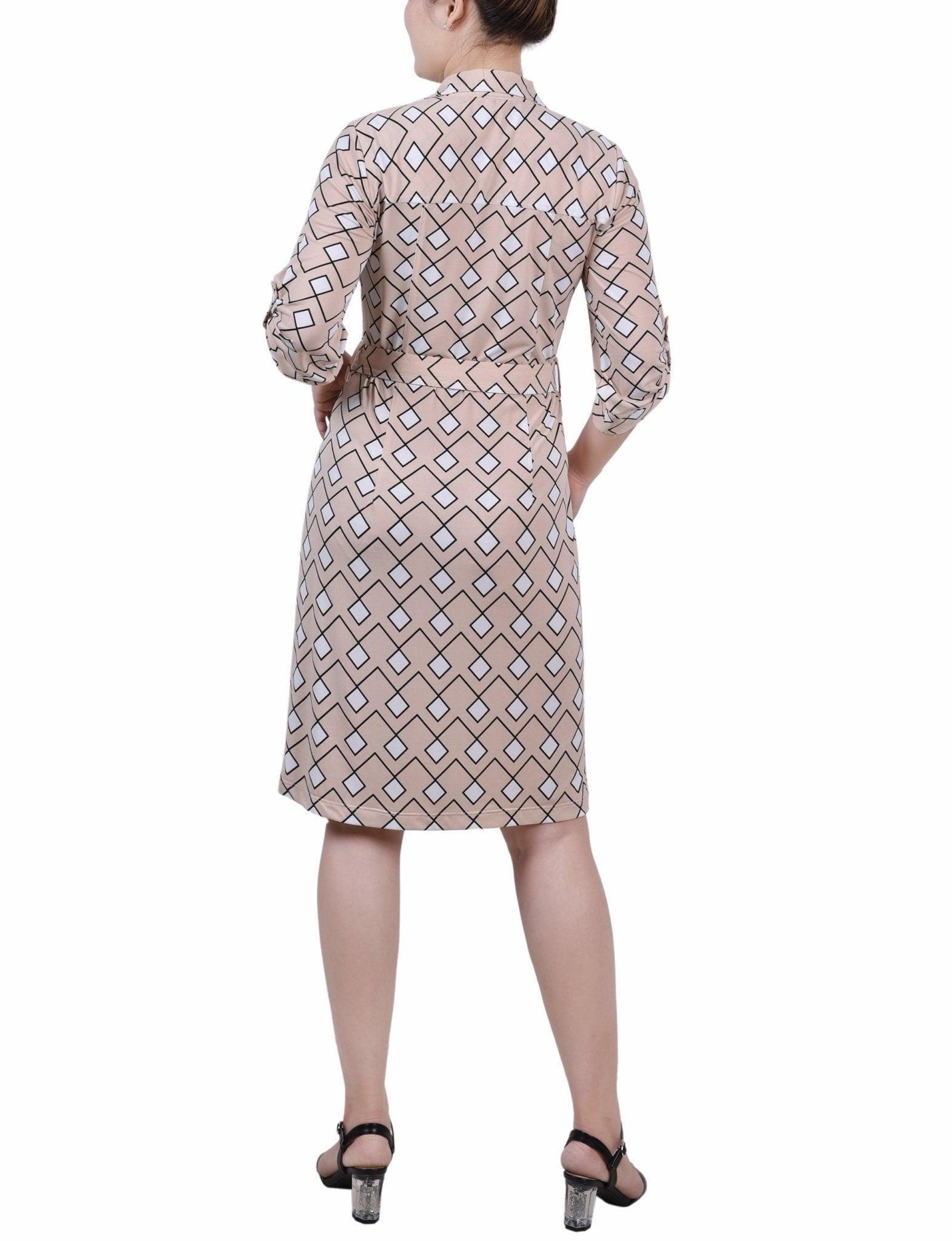 Moonlight Diamonds Belted Roll Tab Zip Front Shirtdress - Petite Product Image