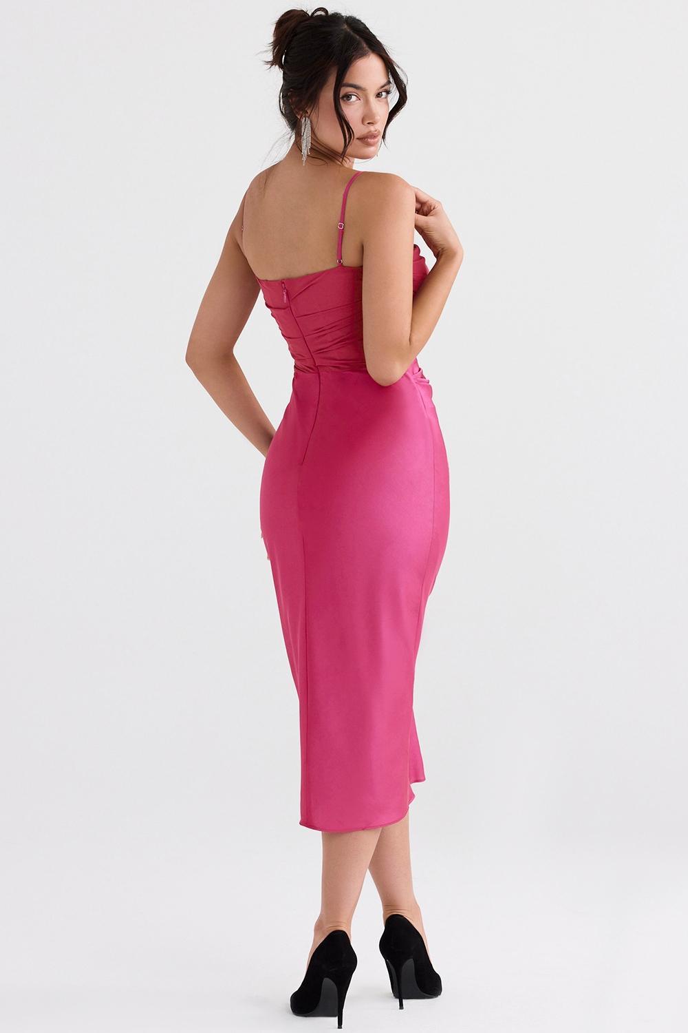 Teia Hot Pink Draped Corset Midi Dress Product Image