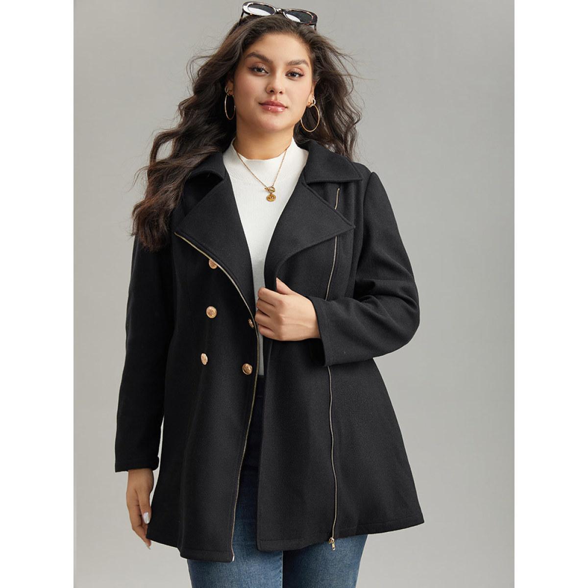 Plus Size Asymmetrical Neck Buckle Detail Zipper Coat Women Black Casual Texture Ladies Dailywear Winter Coats BloomChic 14-16/1X Product Image
