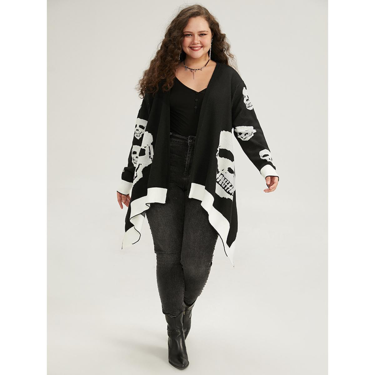 Plus Size Supersoft Essentials Halloween Skull Asymmetrical Hem Cardigan Black Women Casual Loose Long Sleeve Festival-Halloween Cardigans BloomChic 22-24/3X Product Image
