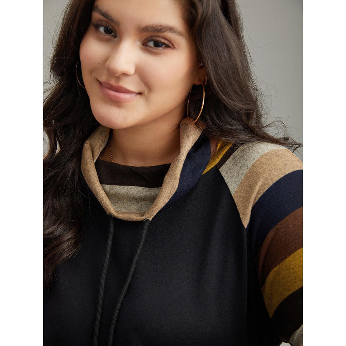Plus Size Mock Neck Colour Striped Drawstring Sweatshirt Women Black Casual Patchwork Mock Neck Dailywear Sweatshirts BloomChic 28/5X Product Image
