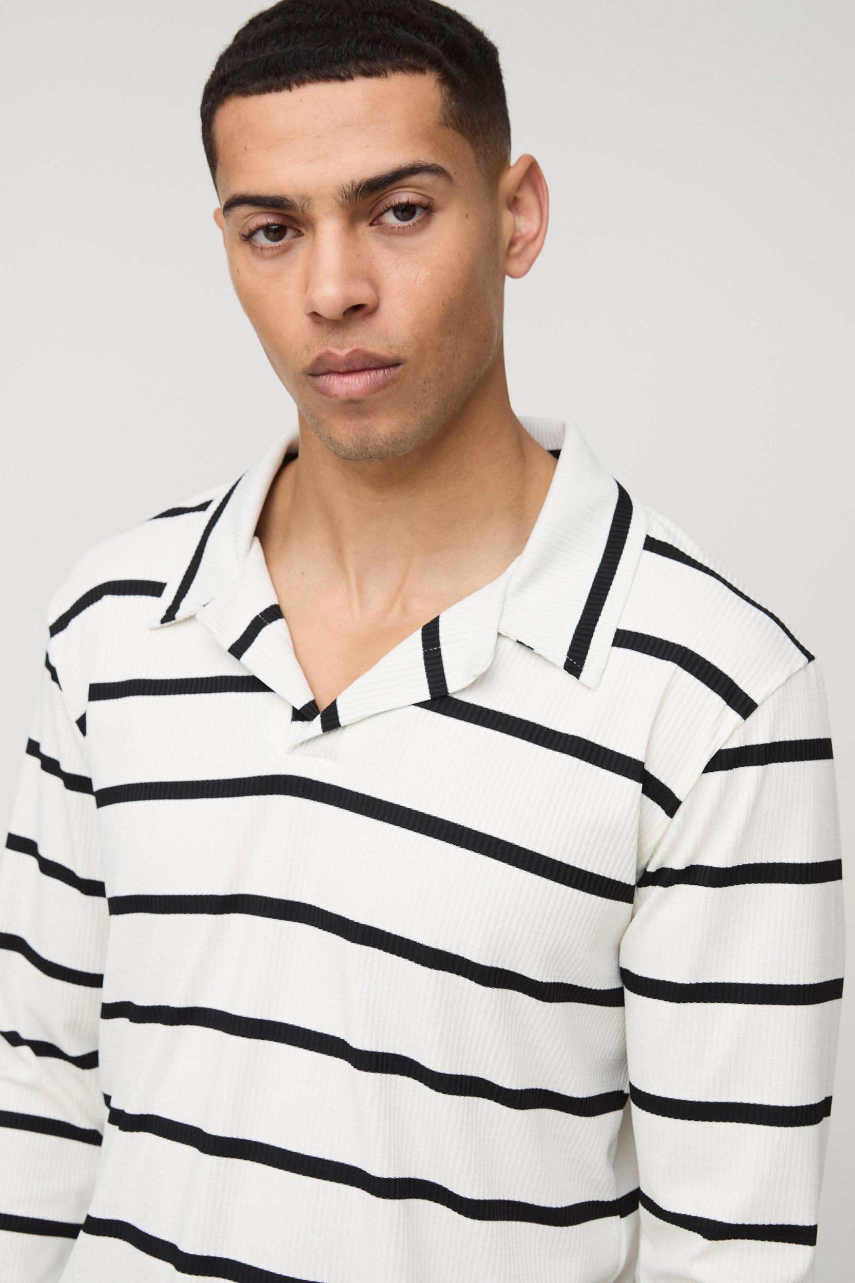 Regular Fit Long Sleeve Rib Stripe Revere Polo | boohooMAN USA Product Image
