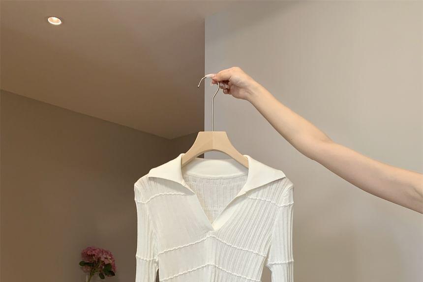 Long Sleeve Open Placket Plain Ribbed Knit Polo Top Product Image