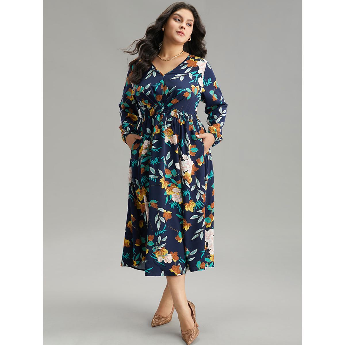 Plus Size Floral Print Shirred Lantern Sleeve Dress DarkBlue Women Elegant Elastic cuffs V-neck Long Sleeve Curvy Midi Dress BloomChic 14-16/1X Product Image