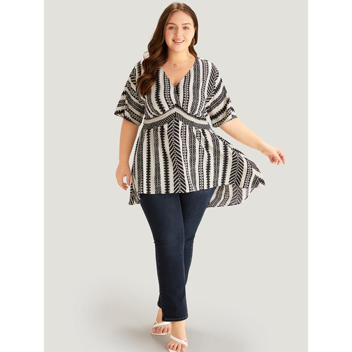 Plus Size White Bandana Print High Low Hem Patchwork Blouse Women Elegant Short sleeve Deep V-neck Vacation Blouses BloomChic 30/6X Product Image