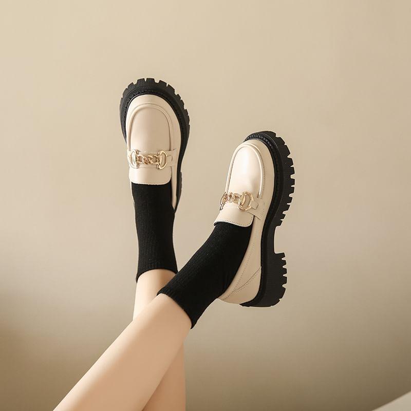 Platform Plain Chained Faux Leather Loafers Product Image
