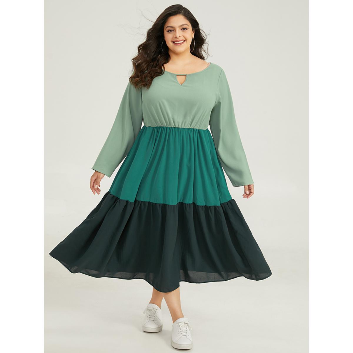 Plus Size Colorblock Contrast Keyhole Layered Hem Dress Mint Women Casual Plain Keyhole Cut-Out Long Sleeve Curvy Midi Dress BloomChic 10/M Product Image