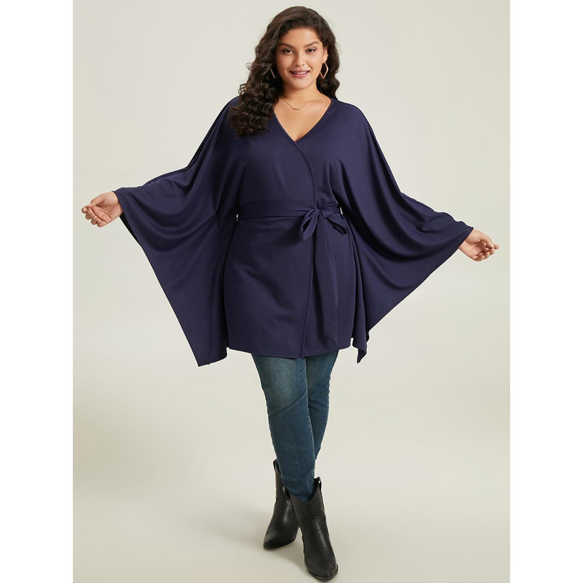 Plus Size Plain Drape Surplice Neck Belted Kimono Women Indigo Casual Drape Loose Belt Everyday Kimonos BloomChic 10/M Product Image