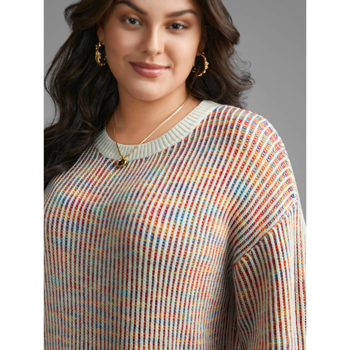 Plus Size Round Neck Texture Contrast Heather Pullover Beige Women Casual Loose Long Sleeve Round Neck Everyday Pullovers BloomChic 12/L Product Image