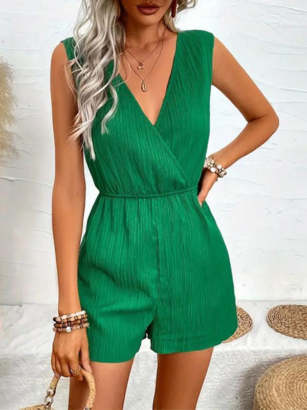 Loose Sleeveless Elasticity Pleated Solid Color Split-Joint V-Neck Rompers Product Image