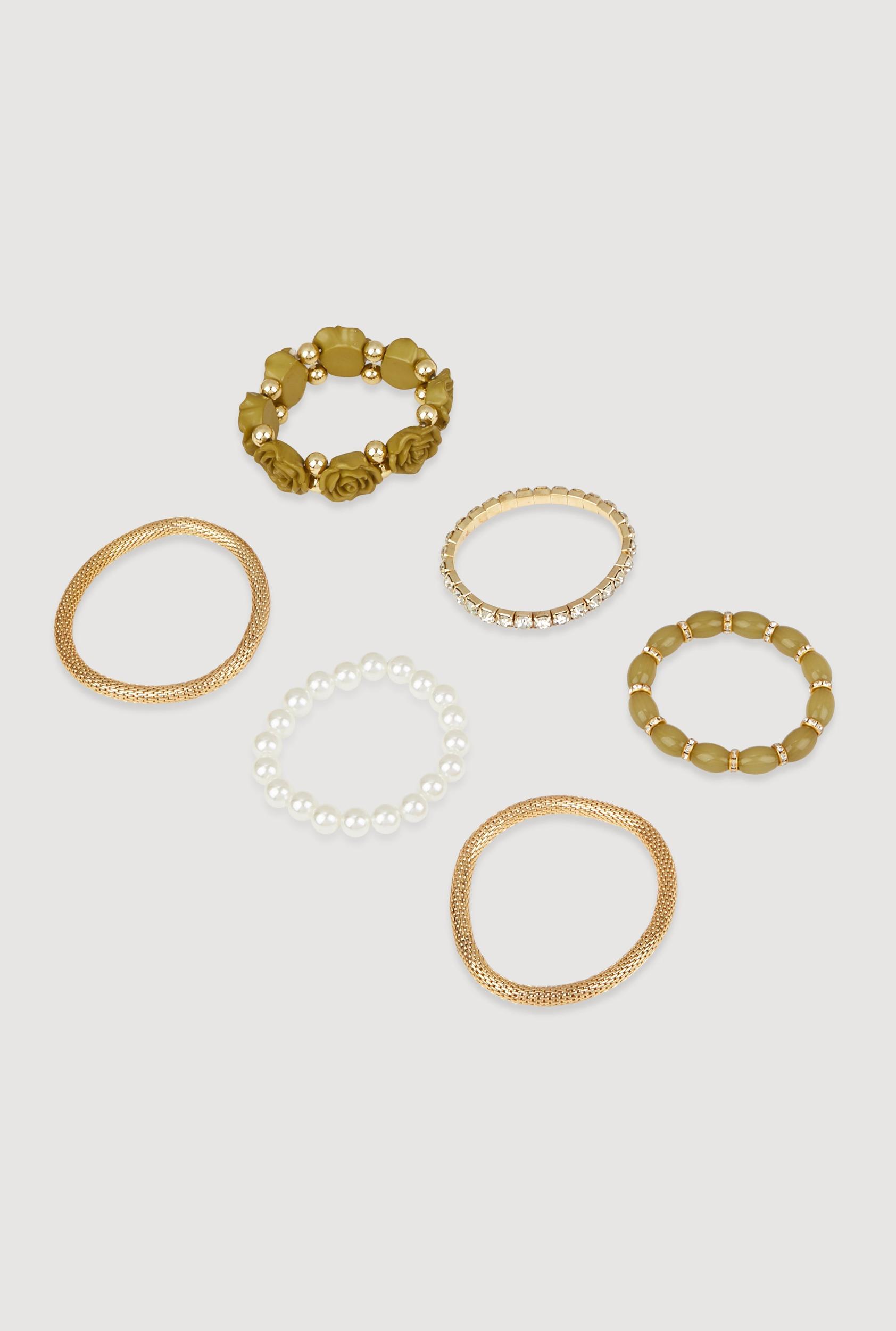 Rose Beaded Faux Pearl Metallic Stretch Bracelets Set of 6 Male Product Image