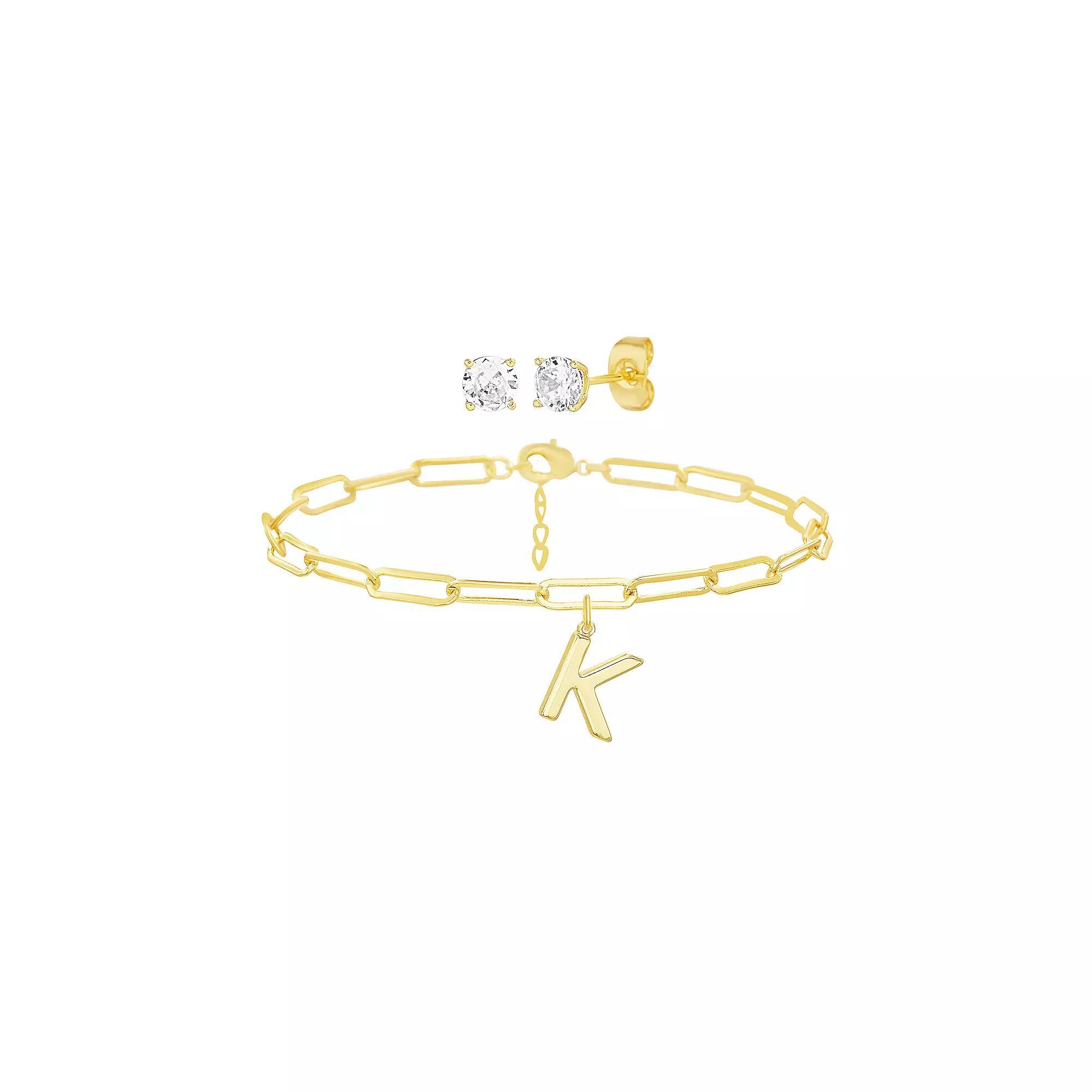 Paige Harper 14k Gold Plated Initial Charm Bracelet & Cubic Zirconia Stud Earring Set, Womens Gold Tone K Product Image