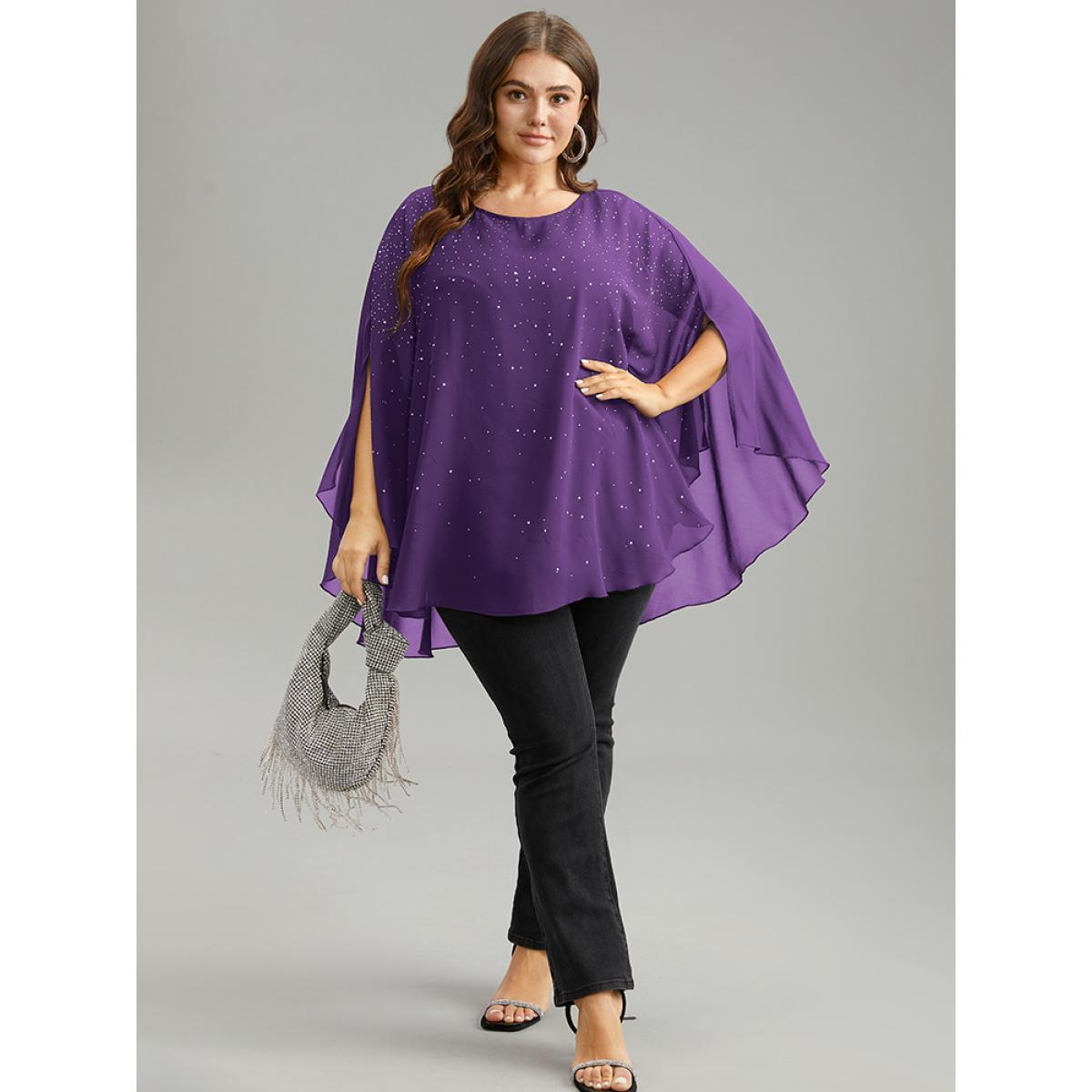 Plus Size Purple Chiffon Rhinestone Split Dolman Sleeve Blouse Women Cocktail Elbow-length sleeve Round Neck Party Blouses BloomChic 14-16/1X Product Image