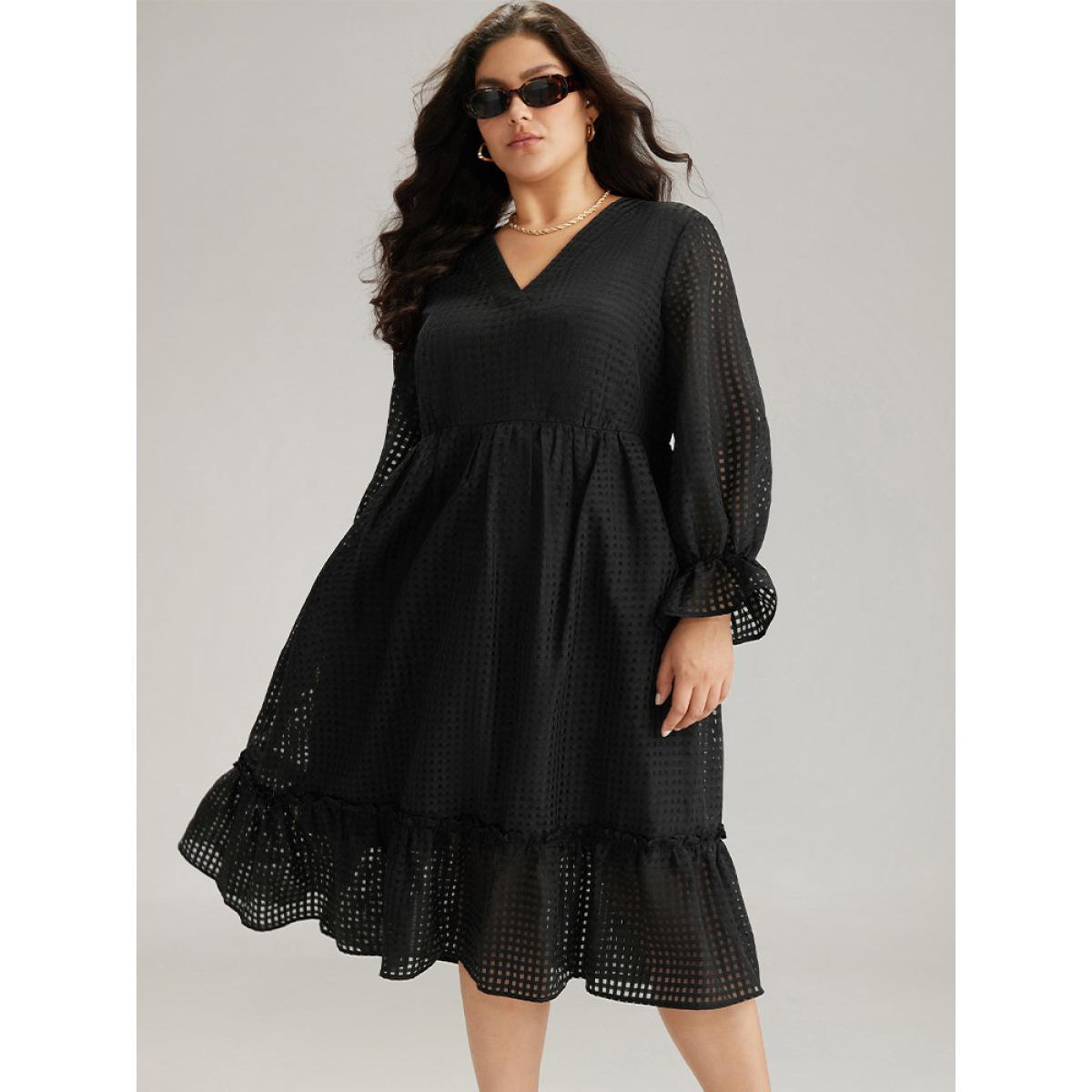 Plus Size Solid Pocket Mesh Frill Trim Dress Black Women Elegant See through V-neck Long Sleeve Curvy Midi Dress BloomChic 10/M Product Image
