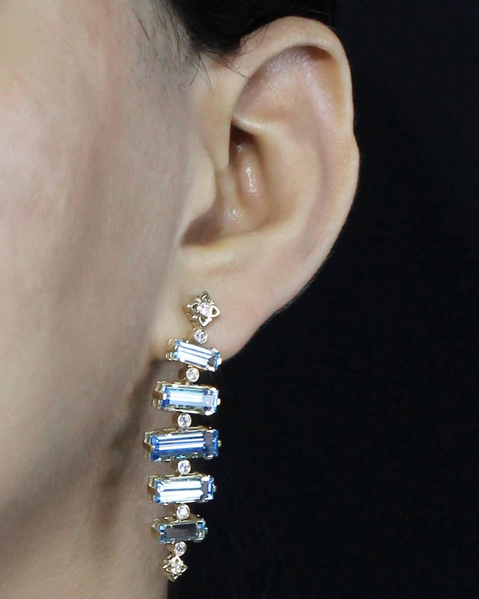 18K Yellow Gold Diamond and Baguette Swiss Blue Topaz Dangle Earrings Product Image