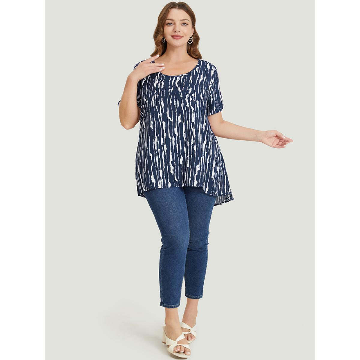 Plus Size Indigo Water Ripple High Low Hem Blouse Women Elegant Short sleeve Round Neck Dailywear Blouses BloomChic 30/6X Product Image