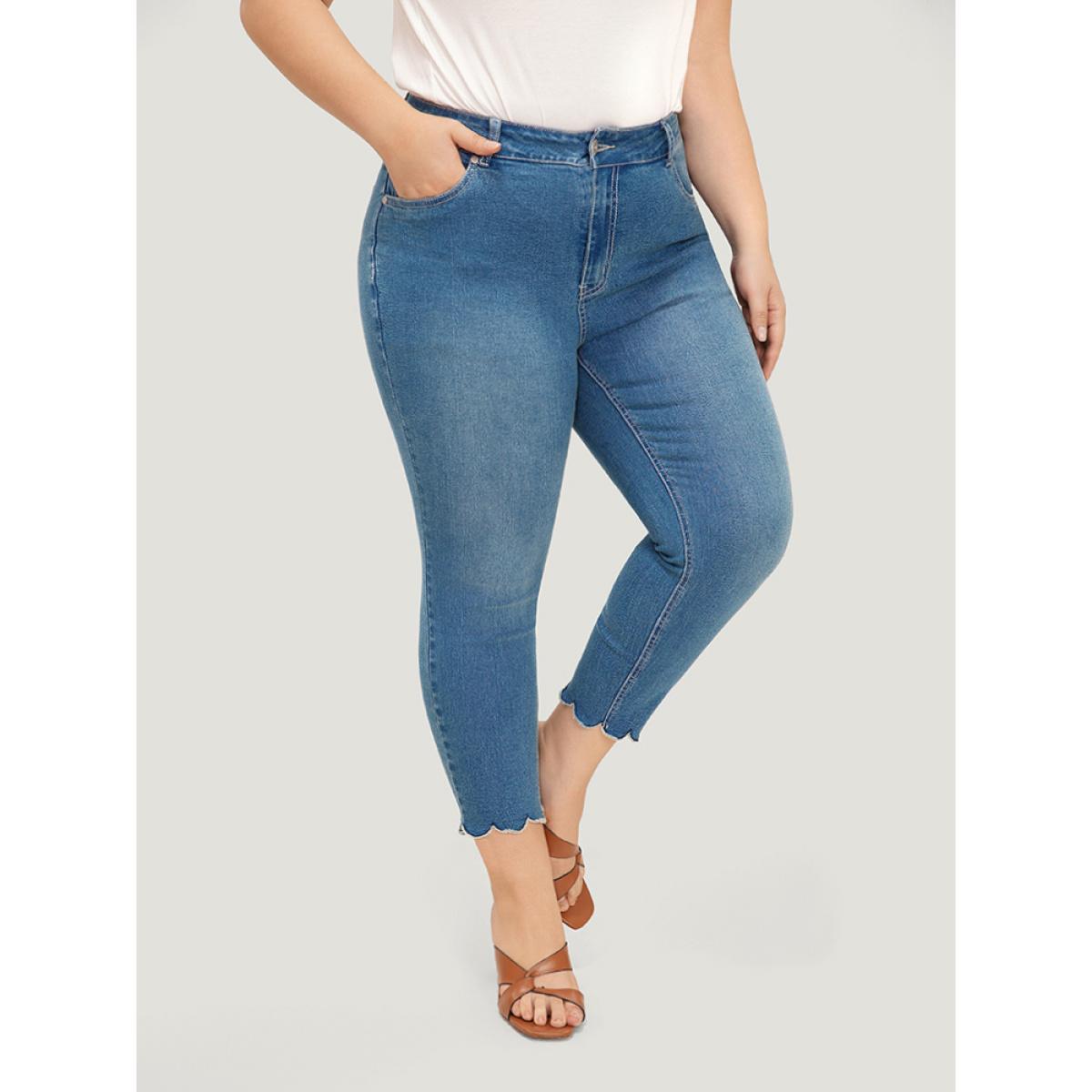 Plus Size Very Stretchy High Rise Medium Wash Scalloped Hem Jeans Women Blue Casual Plain Embroidered High stretch Pocket Jeans BloomChic 18/2X Product Image