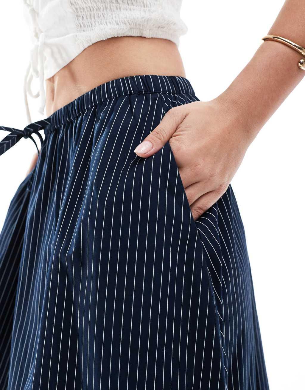 ASOS DESIGN a line tie waist maxi skirt in navy stripe Product Image