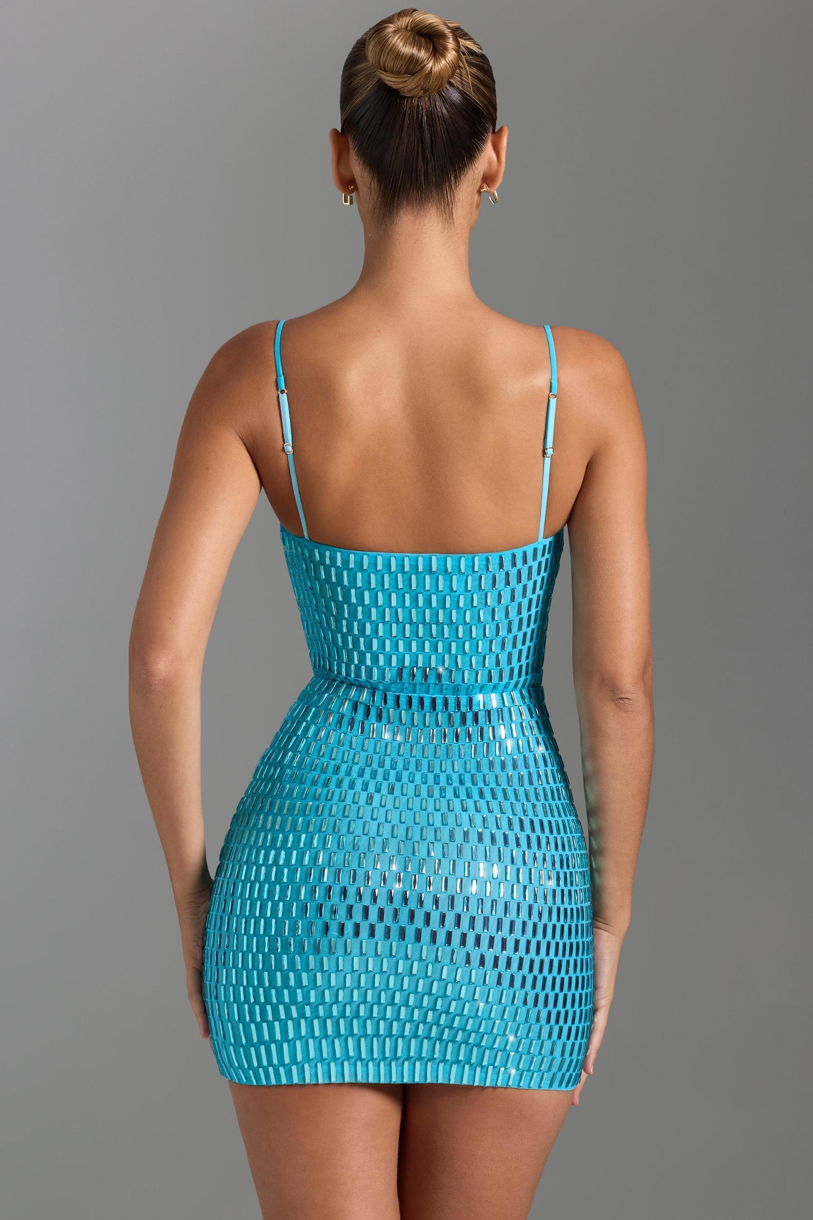Embellished Cut-Out Mini Dress in Aqua Blue Product Image