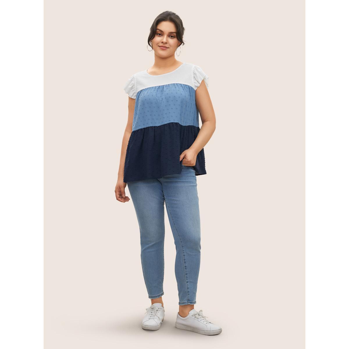 Plus Size Contrast Texture Gathered Ruffles Tank Top Women Indigo Casual Texture Round Neck Everyday Tank Tops Camis BloomChic 26/4X Product Image