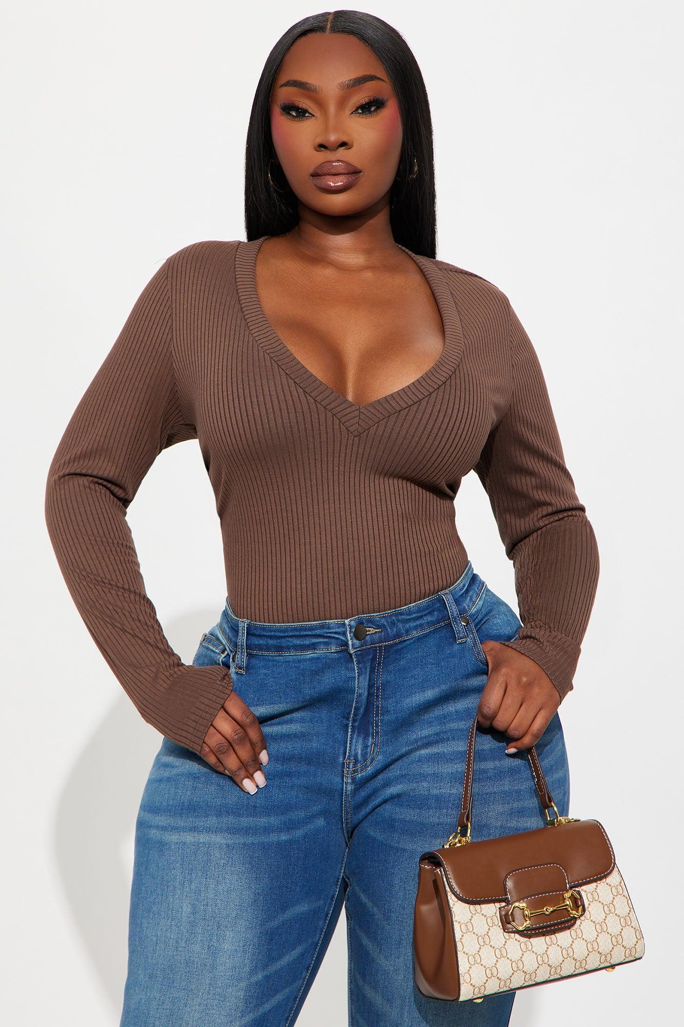 Alora Ribbed Long Sleeve Bodysuit - Brown Product Image
