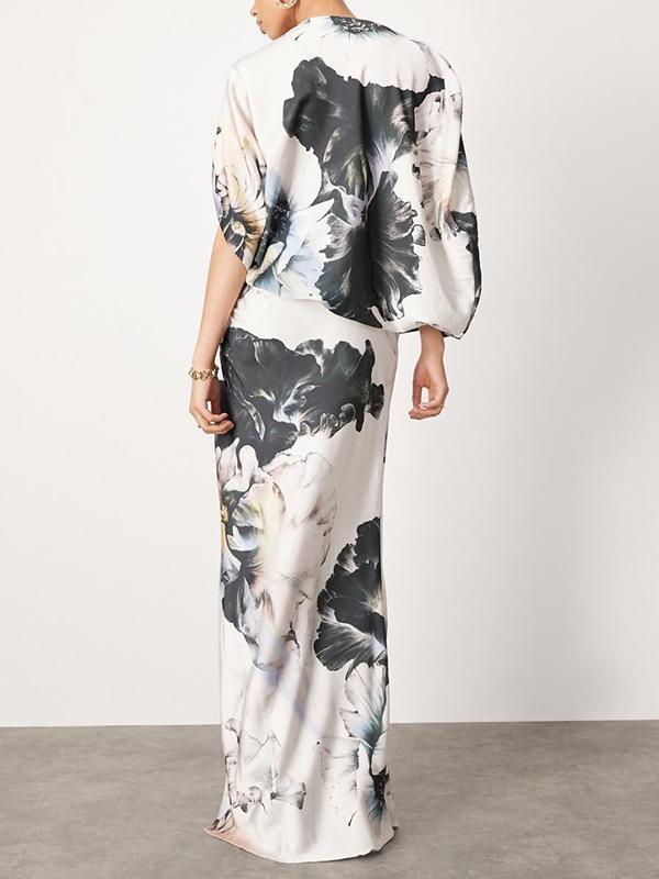 Batwing Sleeves Loose Asymmetric Floral Printed Split-Joint Split-Side One-Shoulder Evening Dresses Maxi Dresses Product Image