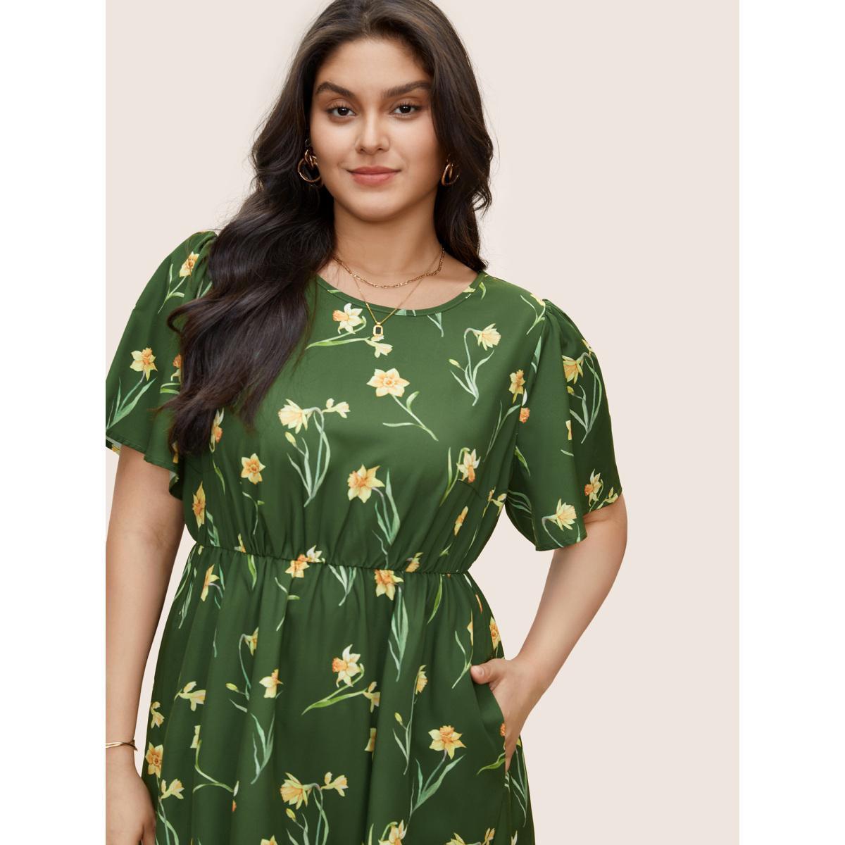 Plus Size Floral Print Gathered Elastic Waist Midi Dress Moss Women Elegant Non Round Neck Short sleeve Curvy Midi Dress BloomChic 18-20/2X Product Image