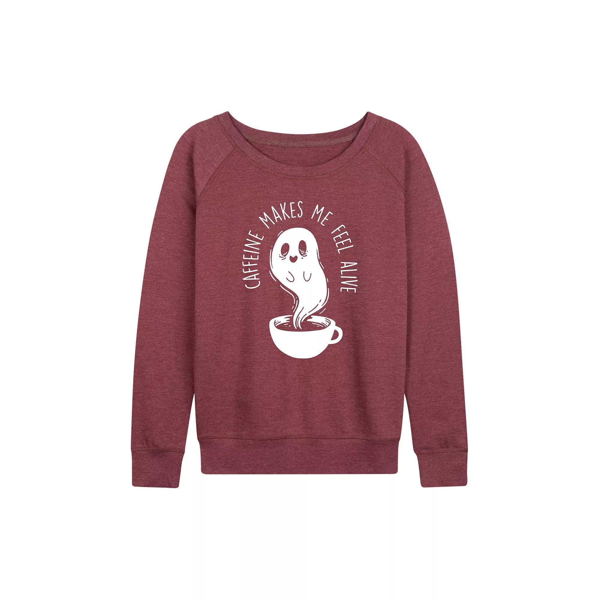 Womens Caffeine Makes Me Feel Alive Ghost French Terry Long Sleeve Tee Grey Dark Red Product Image
