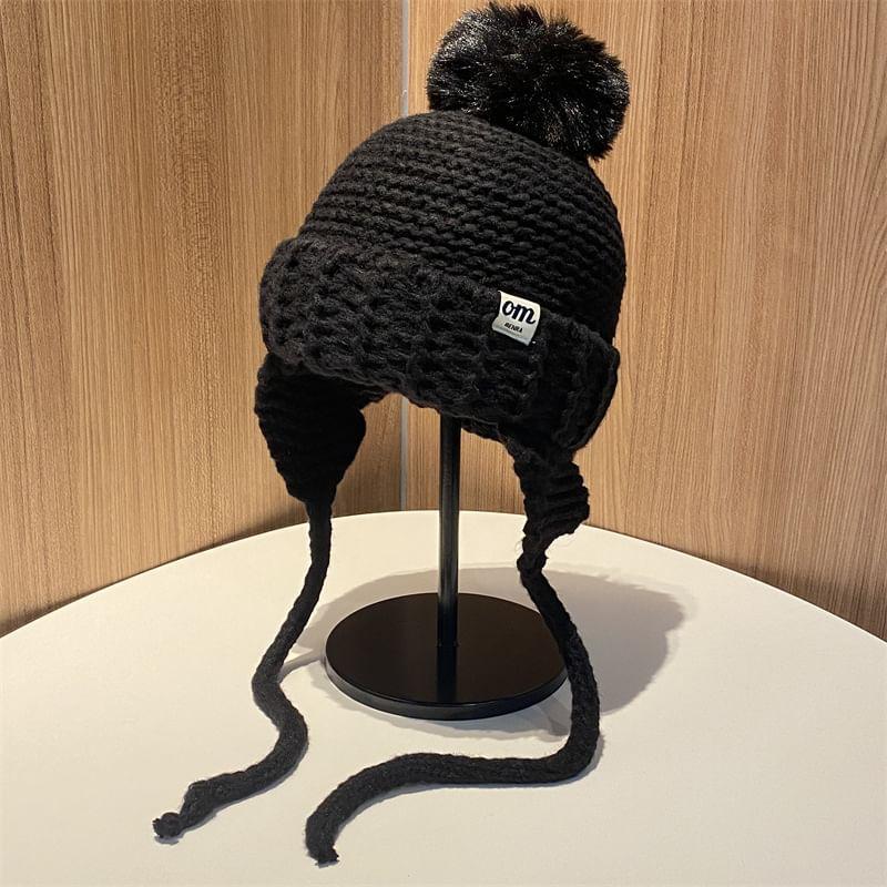 Lettering Applique Pom Pom Knit Beanie Product Image