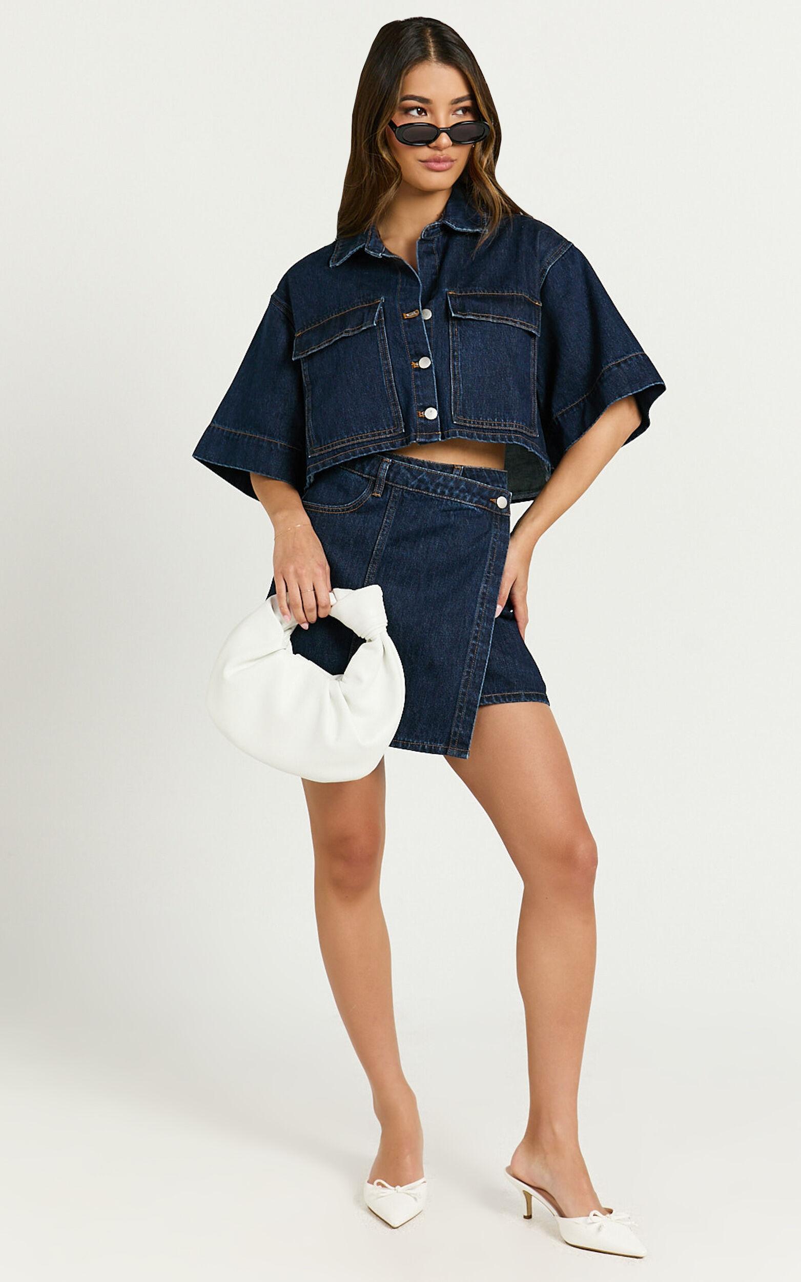 Katherine Mini Skirt - Cross Front Recycled Denim Skirt in Dark Blue Wash Product Image