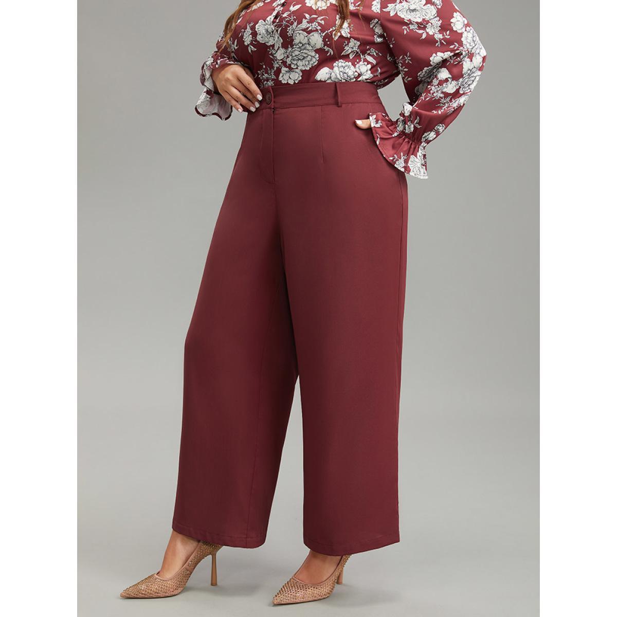 Plus Size Solid Pocket Button Up Elastic Waist Pants Women Scarlet Elegant Straight Leg High Rise Dailywear Pants BloomChic 12/L Product Image