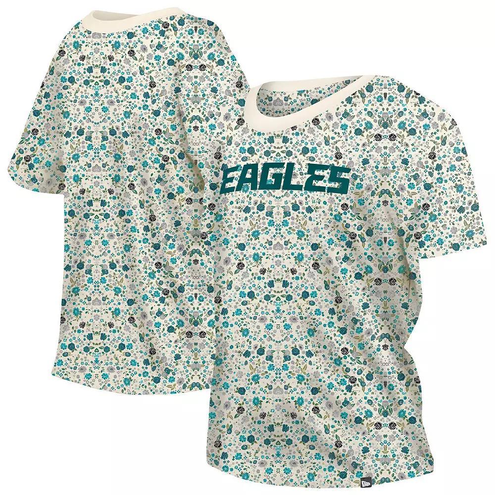 Women's New Era Cream Philadelphia Eagles Glam Game Floral T-Shirt, Size: Large, Beige Product Image
