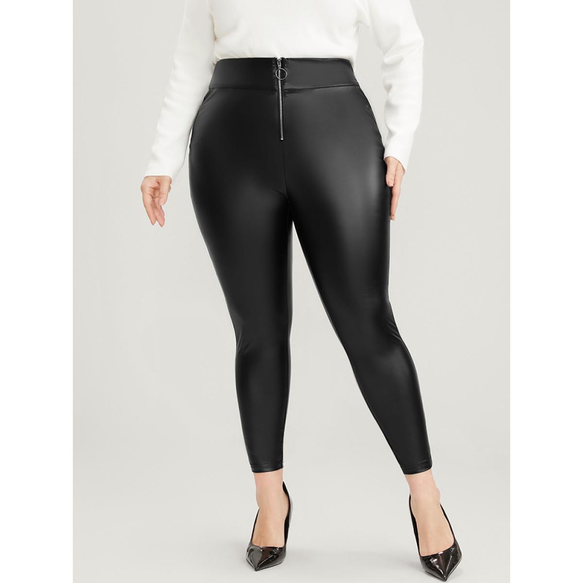 Plus Size PU Leather Wideband Waist Zipper Skinny Leggings Women Black Party Low stretch Skinny Mid Rise Going out Leggings BloomChic 14-16/1X Product Image