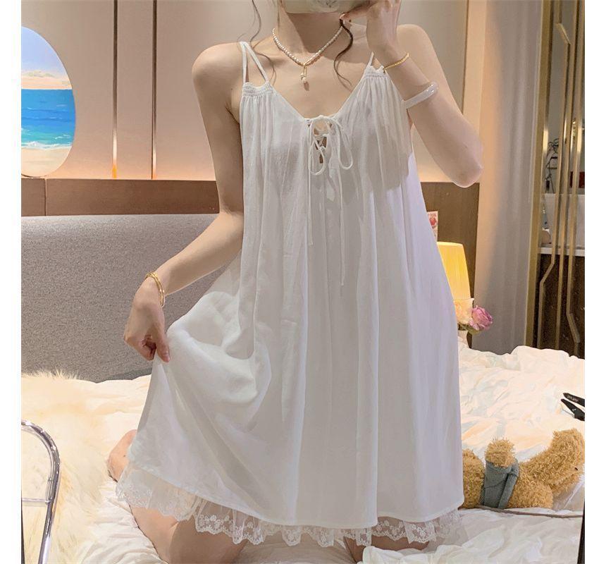 Spaghetti Strap Plain Lace Trim Sleep Dress Product Image