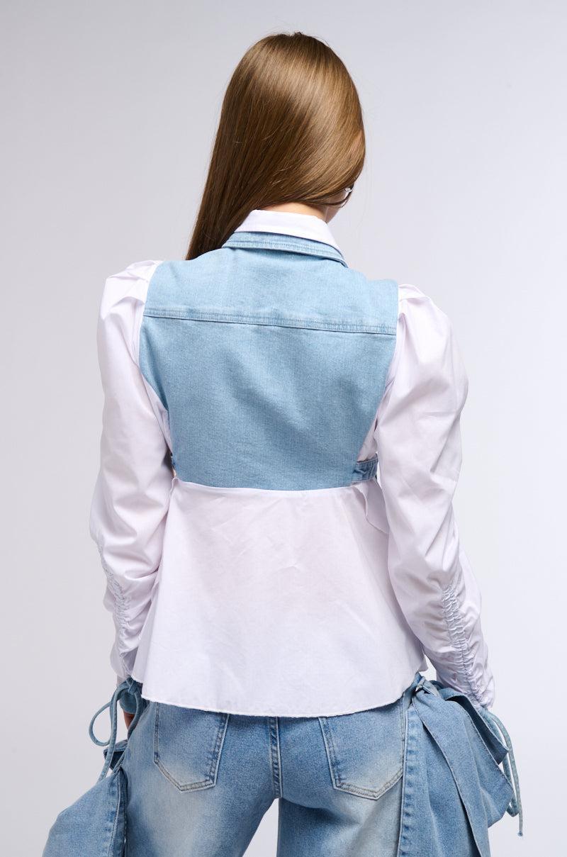 FAITH DENIM TIE POPLIN BLOUSE Product Image