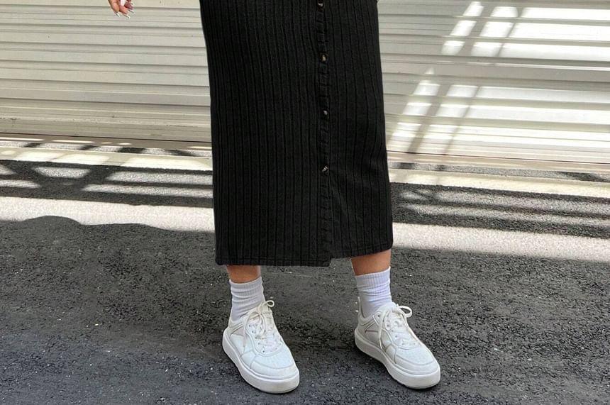Plus Size Long-Sleeve V-Neck Plain Button Midi Sheath Knit Dress Product Image
