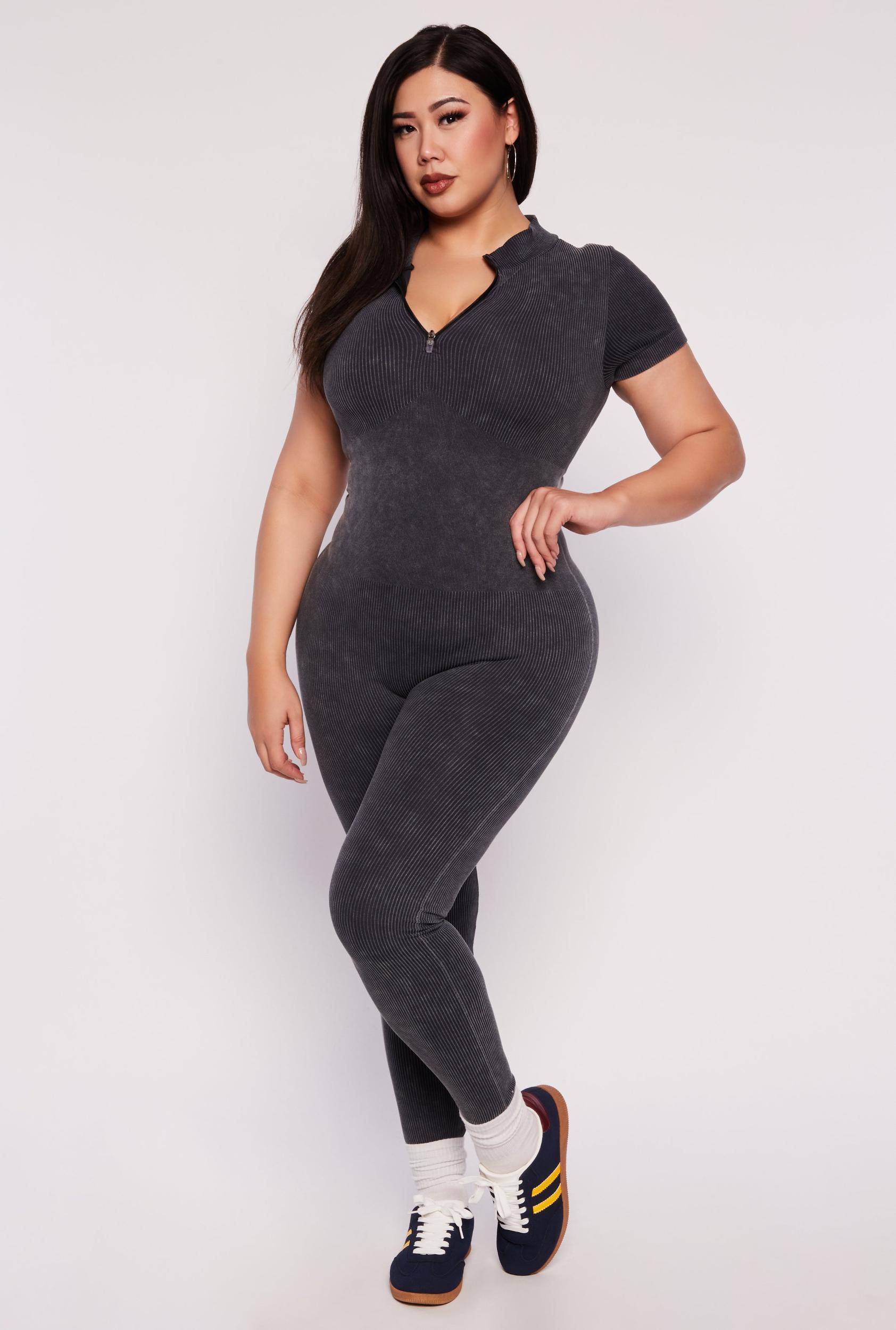 Womens Plus Size Ribbed Knit Zip Neck Catsuit Product Image