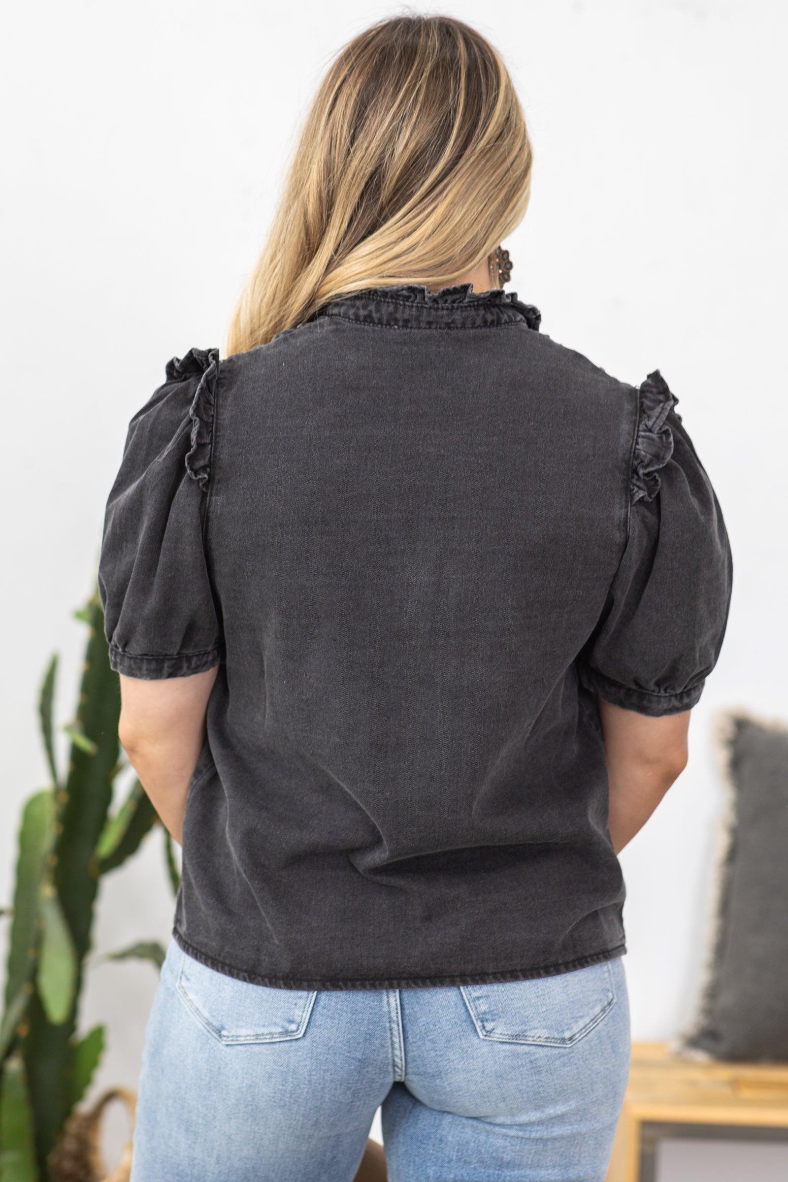 Black Washed Puff Sleeve Button Up Woven Top Product Image