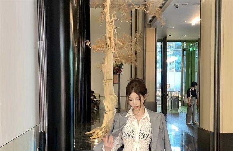 Lace-Trim Double-Breasted Blazer / Midi Skirt Product Image